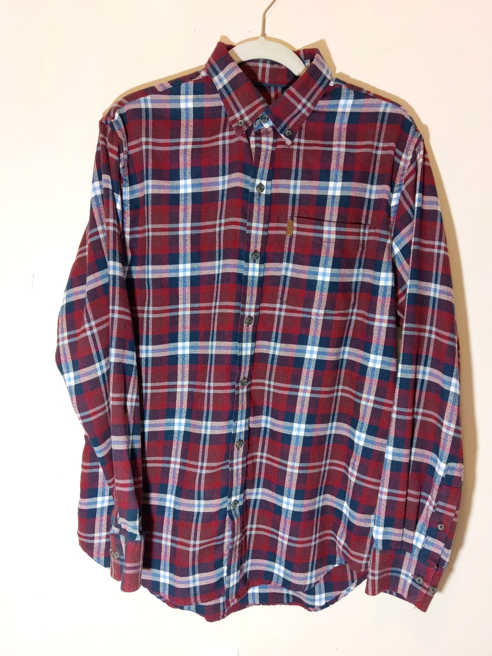 Izod Men's Burgundy Plaid Button-Down Shirt with Blue and White